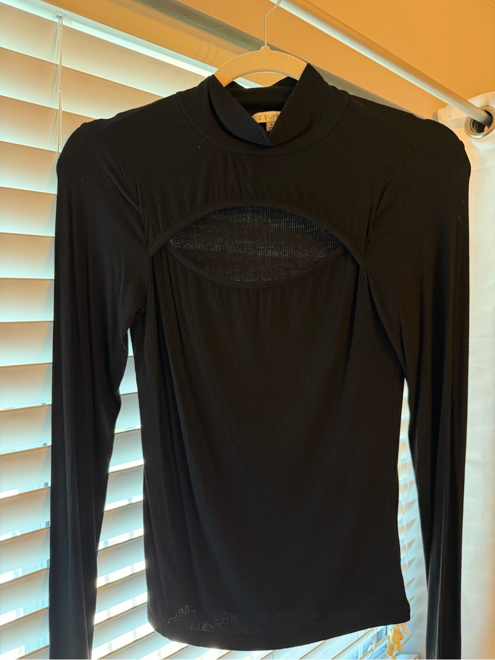 Z Supply Black Long-Sleeve Mock Neck Top with Front Cutout